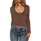 Women Fashionable Sexy Lace Trim V-Neck Long Sleeve Slim Fit T-Shirt Blouse Going Out 2025 Y2k Trendy Fall Crop Tops