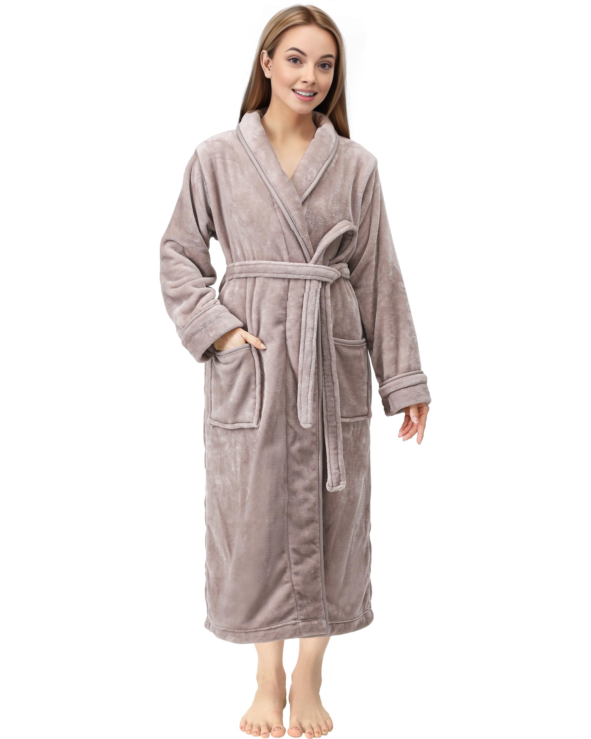 Photo 1 of NY Threads Premium Womens Robe Plush Soft Long Bathrobe Warm Fleece Shawl Collar Spa Robe Pack of 1, X-Large, Taupe