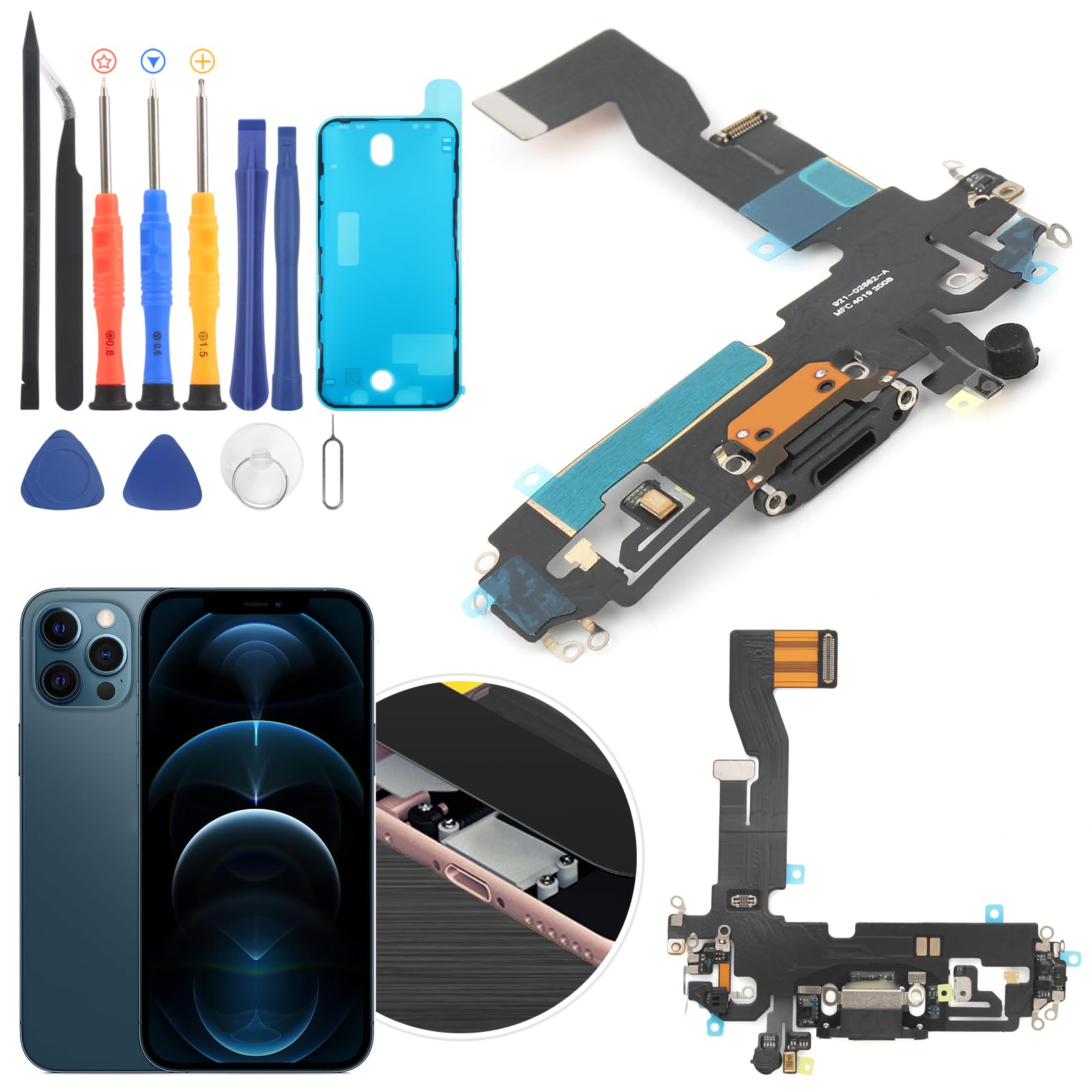 Photo 1 of YWLRONG Replacement for iPhone 12 Charging Port Dock Connector for iPhone 12 Pro Charging Port Replacement USB Charger Board Flex Cable Assembly Accessories with Repair Tools(Black)