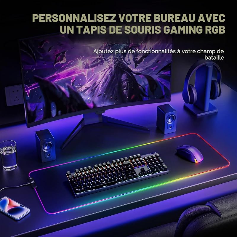 XXL Tapis de Souris RGB Gaming, Grand Tapis Souris avec 12 Modes d'Éclairage LED, Mouse Pad avec Tissu Micro-Tissé, Tapis Épaissi de 5 mm pour Gamer, Bureau,800 x 300mm