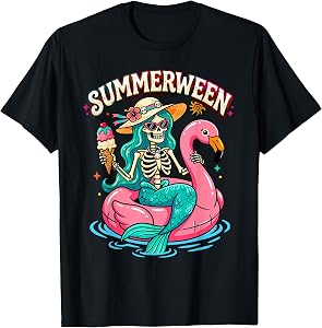 Summerween Skeleton Mermaid Flamingo Float Summer Halloween T-Shirt