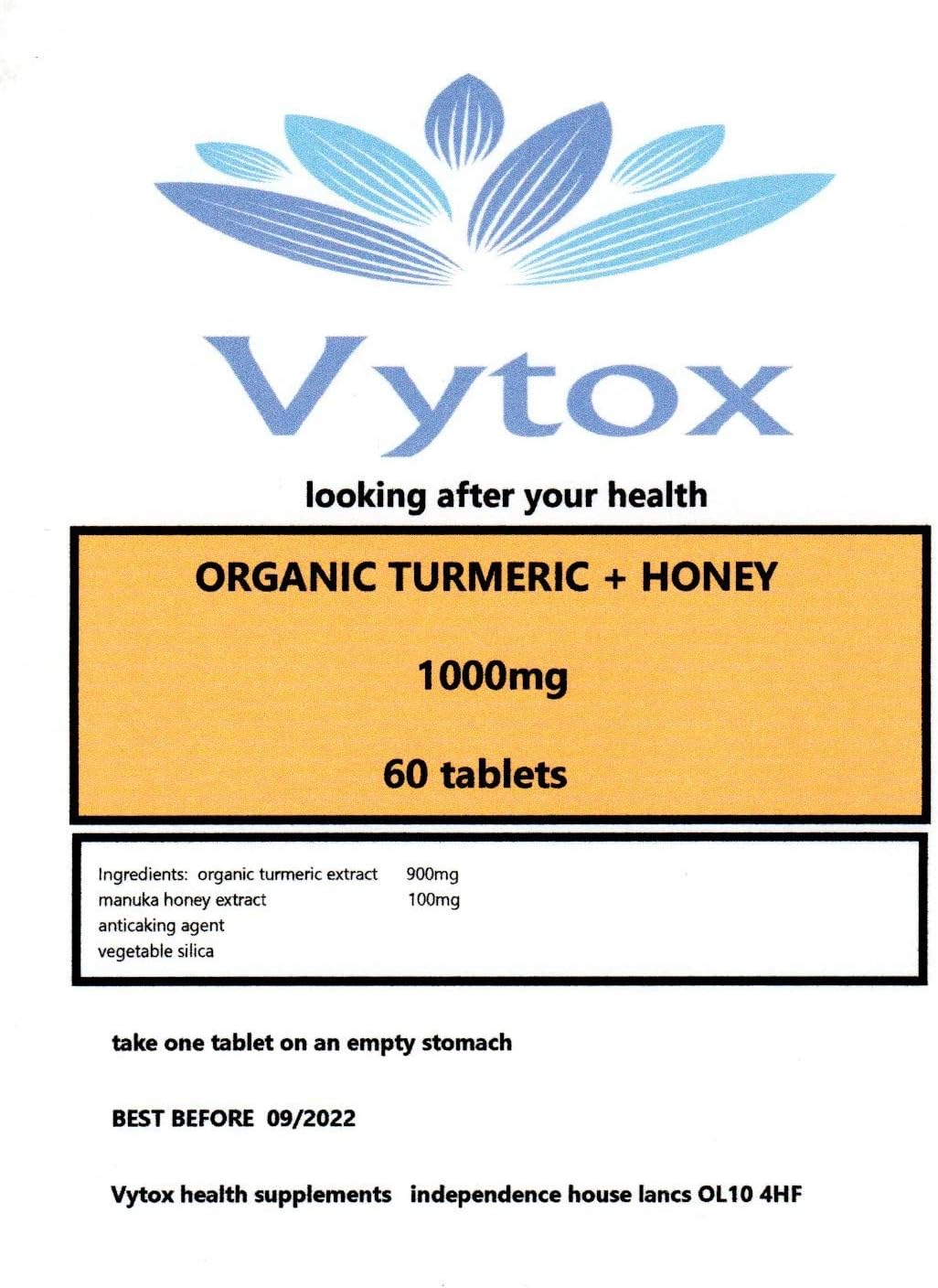 Organic Turmeric and Honey 1000mg 60 Tablets Anti-Inflammatory Immune System. 2 Months Supply. by Vytox