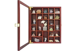 FramePro Rock Display Case - Adjustable Mineral Collection Box with Glass Lid, Wooden Cabinet for Rock, Fossil, Crystal, Seashell Collections - Geology Gift for Adults/Kids (16" x 13.5", Cherry)