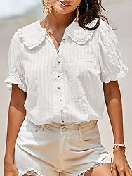 Tankaneo Womens Puff Sleeve Shirts Peter Pan Collar
