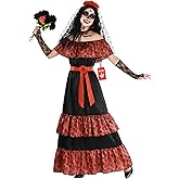 Morph, Day Of The Dead Costume Women, Dia de los Muertos Costume | Catrina Dress Includes Satin Bardot Dress, Lace Fingerless Gloves, Belt & Headband; Perfect Womens Halloween Costume