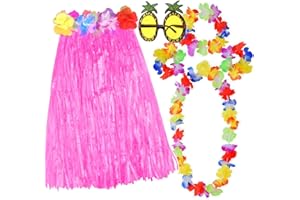 ASTARON Hula Skirt Costume Set with Hawaiian Leis Sunglasses Pink Grass Skirts for Adults Luau Party Supplies