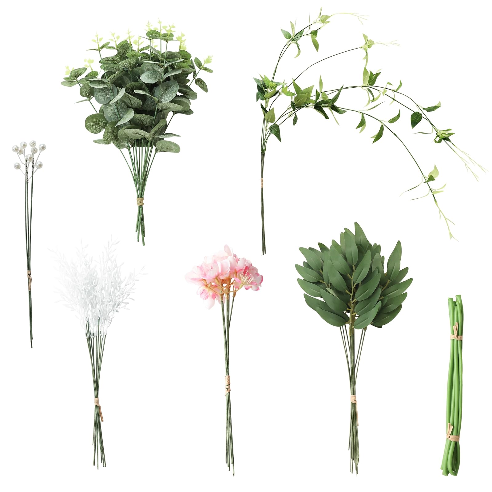Photo 1 of Floroom Artificial Greenery Stems Box Set, 41pcs with 6 Kinds of Faux Greenery Flowers Picks for DIY Bridal Bouquets Wedding Floral Arrangement Table Centerpieces, Green & Pink