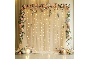 Xiomot Tulle Backdrop Curtain with Lights String 10FT X 8FT Champagne Sheer Tulle Backdrop Curtains for Wedding Birthday Part