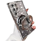 AuroiCCY Magnetic Ring Stand Glitter Case for Samsung Galaxy S25 Ultra, (Compatible with Magsafe) Women Girly Luxury Bling Diamond Rhinestones Cover with Camera Lens Protector for S25 Ultra (Silver)