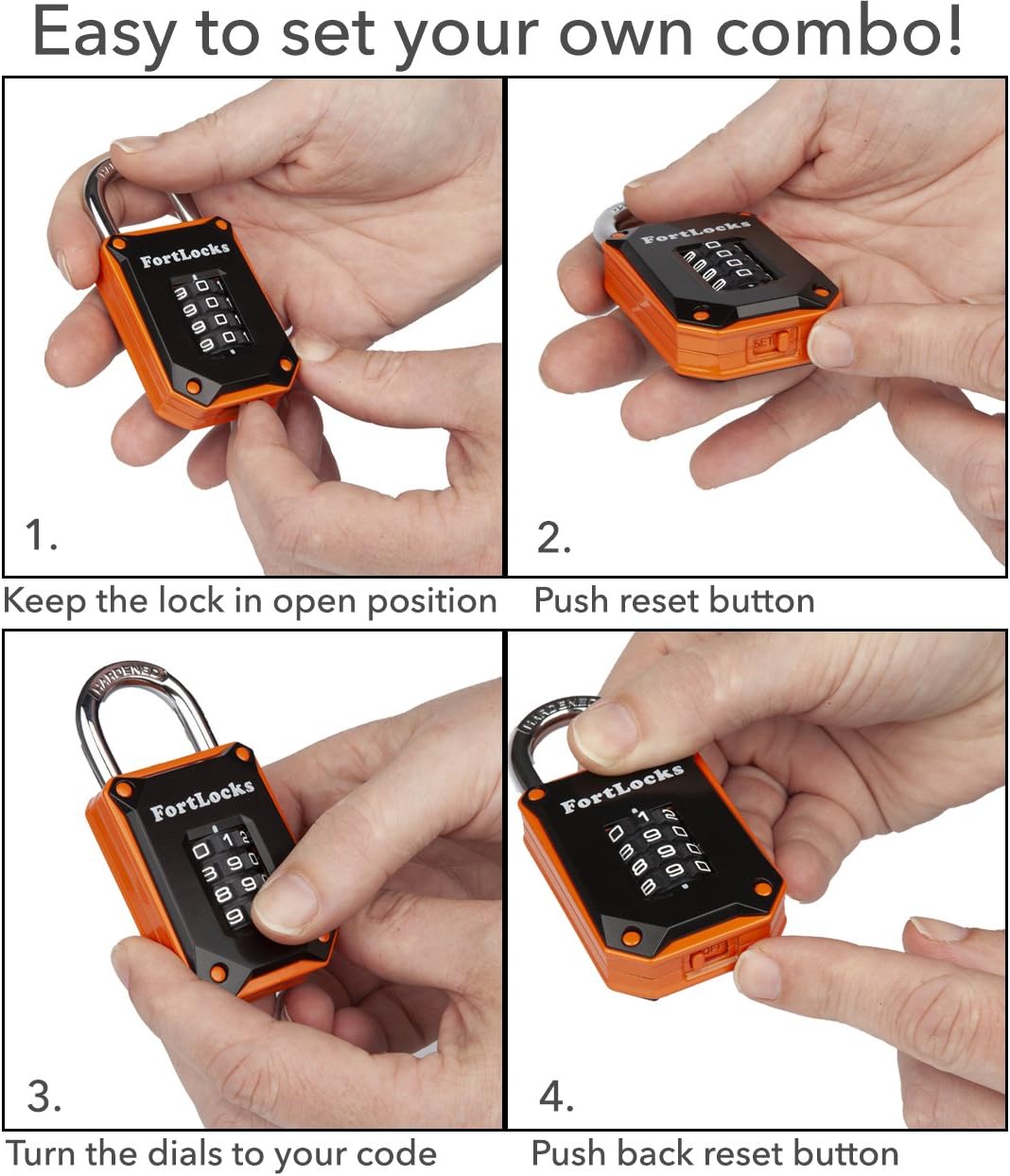 2 Pack FortLocks Gym Locker Lock - 4 Digit, Heavy Duty, Hardened Stainless Steel, Weatherproof and Outdoor Combination Padlock - Easy to Read Numbers - Resettable and Cut Proof Combo Code - Orange - - 