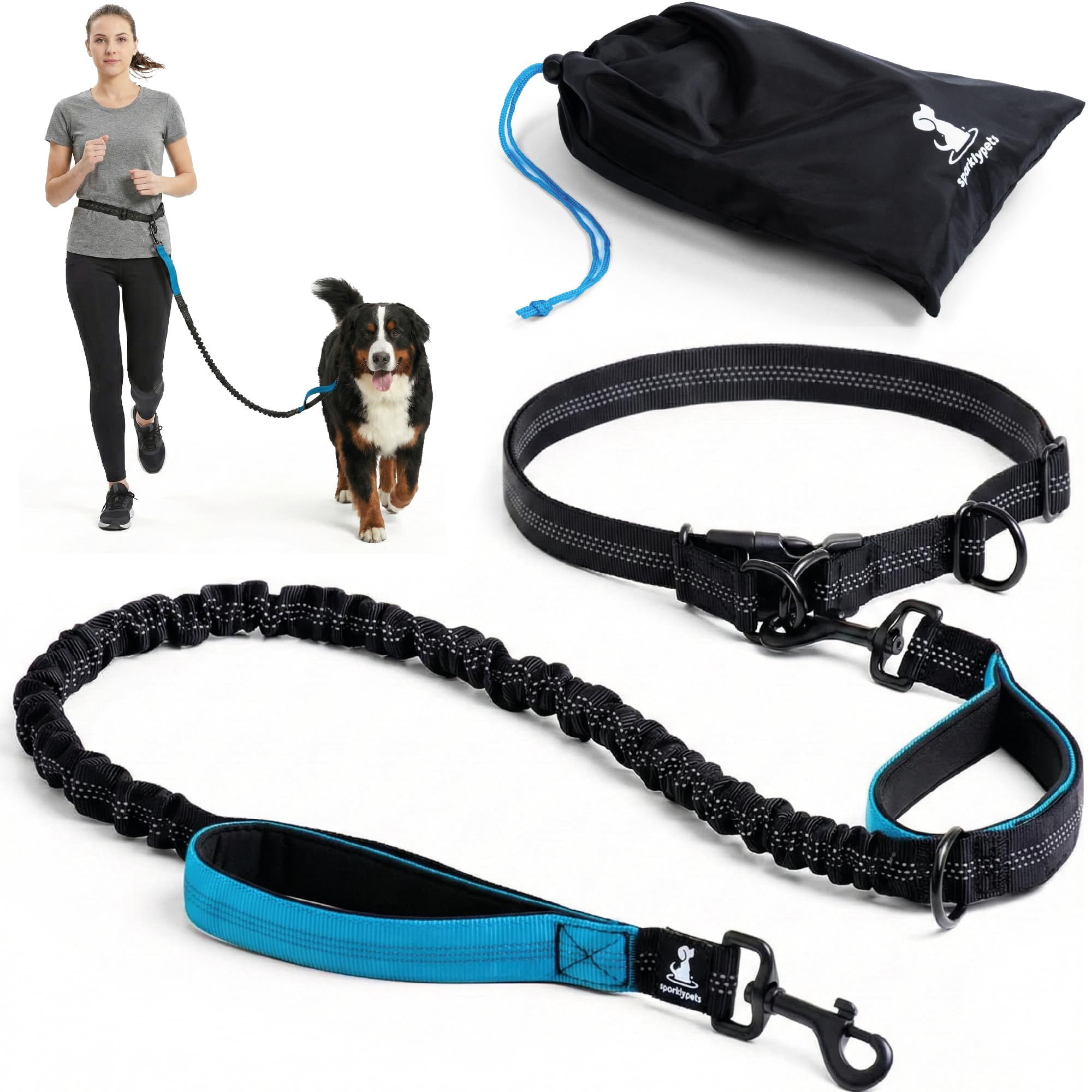 SparklyPets - Hands Free Dog Lead for Medium and Large Breeds - Professional Waist Leash for Walking, Hiking, Training, Jogging, Canicross, Running with Reflective Stitches (Blue, For 1 Dog)