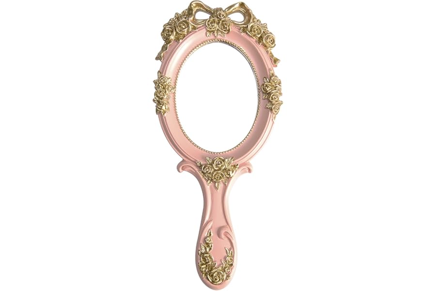 Nerien Handheld Mirror Vanity Makeup Mirror Travel Princess Metal Cosmetic Mirror Portable Oval Embossed Rose Mirrors Decorative Desk Girl Student Vintage Beautiful Handle Mirrors Pink-3