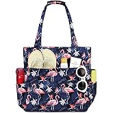 Kasqo Beach Tote Bags for Women, Waterproof Sandproof Large Pool Bag Stylish Zipper Beach Tote for Gym Travel Shopping School