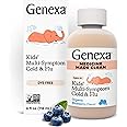 Genexa Kids' Cold & Flu Multi-Symptom Relief, Dye Free, 0% Artificial Additives, Children's Liquid Pain, Fever and Cough Medicine, for Kids 4-11, Delicious Organic Blueberry Flavor, 4 fl oz