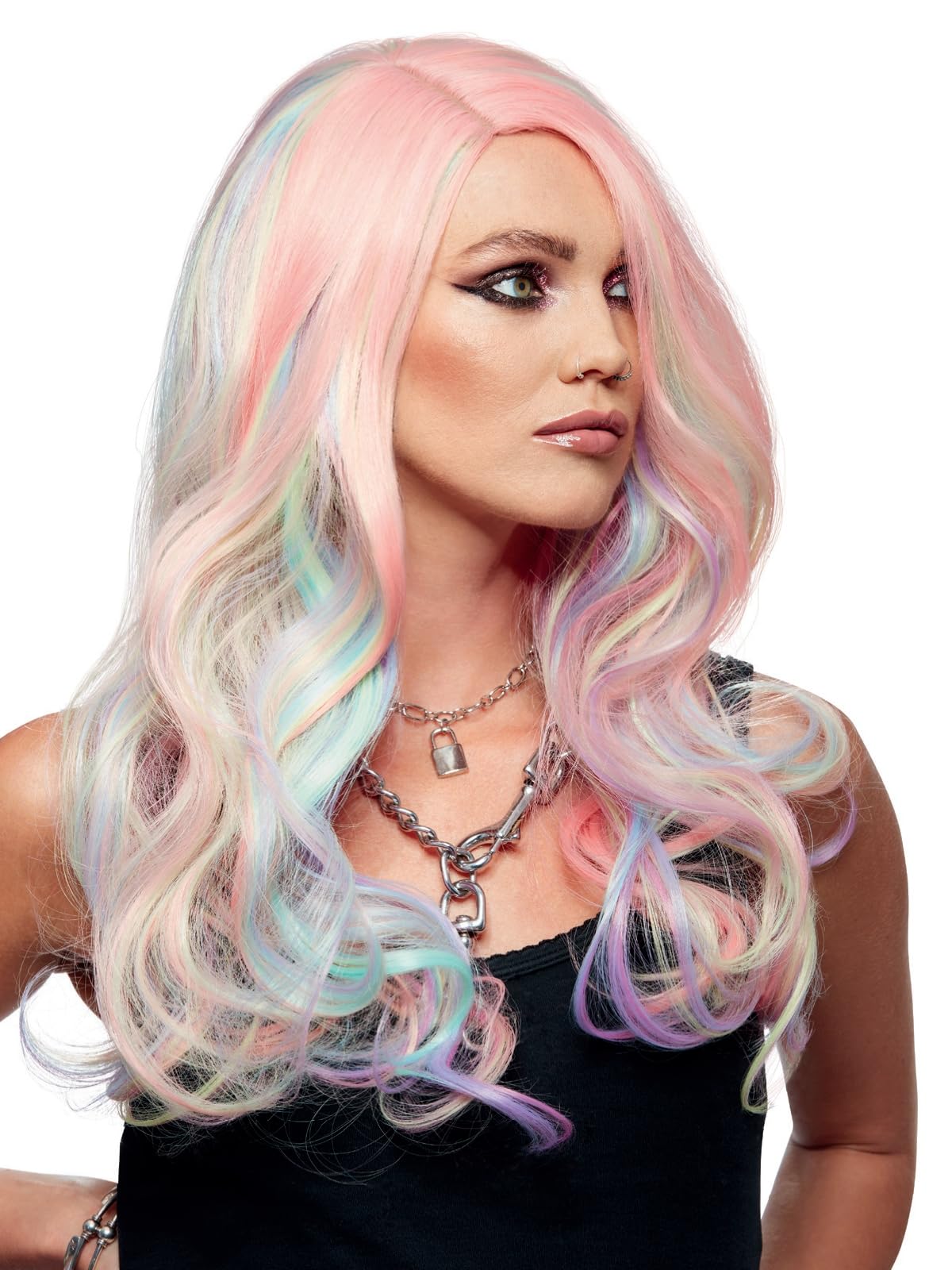 Smiffys Official Manic Panic® Unicorn Dream™ Queen Bitch™ Wig, Long Drop Curls Wig, Heat Styleable with Adjustable Cap in Pink, Lilac & Blue Ombre Colours. Transform your look with vibrant curls