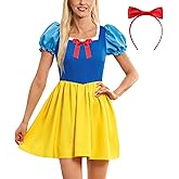 Adult Princess Style SNO White Cosplay Dress for Halloween with Puff Sleeves and Red Bow Headband S