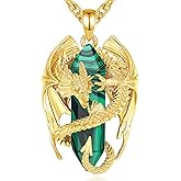 INFUSEU Dragon Jewelry for Men Women Malachite Stone Necklace Healing Green Crystal Pendant Large Spiritual Protection Gifts Cool Gothic Goth Punk Stuff