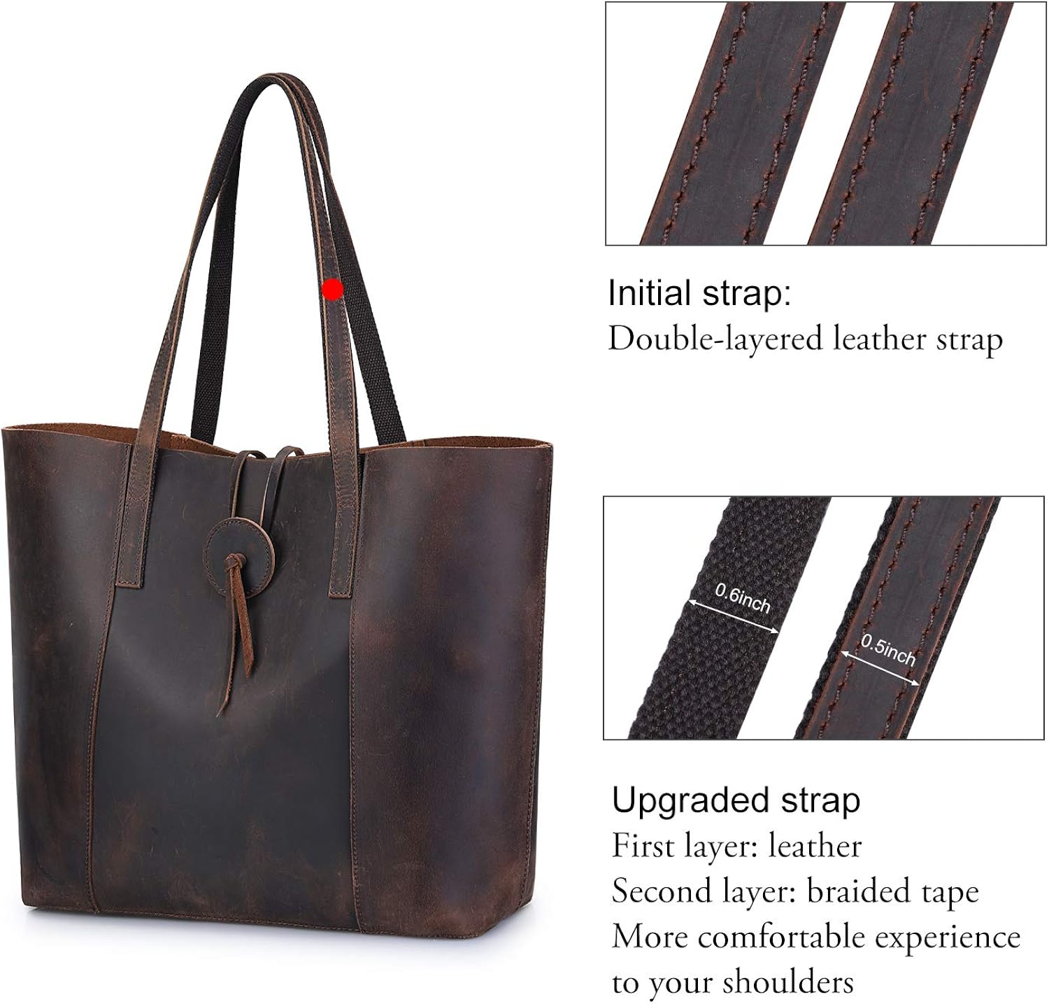 S-ZONE 15-inch Laptop Large Vintage Women Crazy Horse Leather Tote with Removable Pouch Shoulder Bag Handbag - Image 3