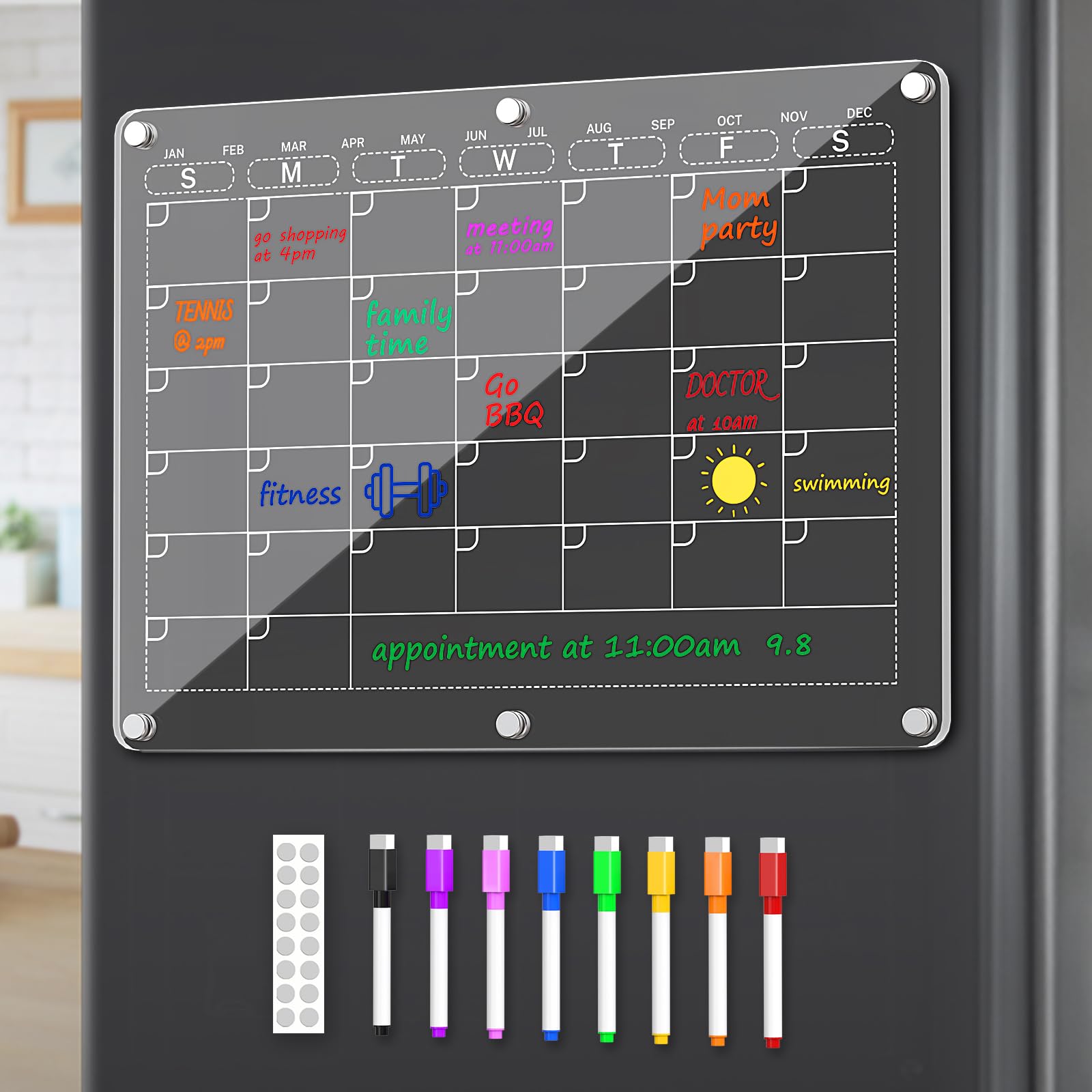 Photo 1 of **SEE CLERK NOTES** Tmtamye Acrylic Fridge Calendar, Magnetic Calendar for Refrigerator with 8 Colorful Markers, Clear Dry Erase Board Reusable Planning Set for Events/Meetings/Shopping Lists/Dinner, 14.2''X10.2''