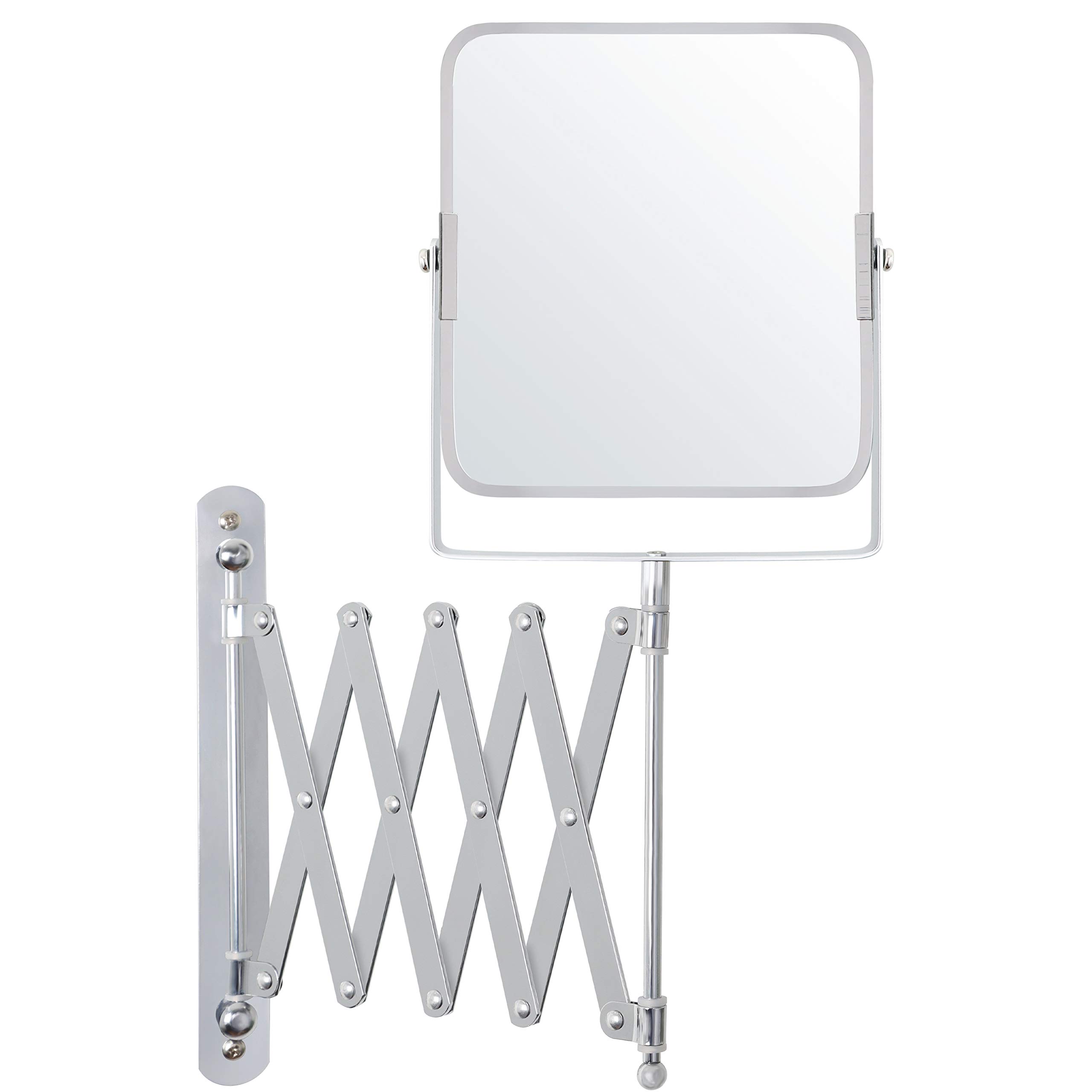 BELLE VOUS Chrome Wall Mounted Extendable 360° Swivel Mirror - 3X Magnification - 15.5 x 18.5cm/6.1 x 7.3 inches - Double Sided Rotating Stainless Steel Bathroom Vanity Mirror for Makeup and Shaving