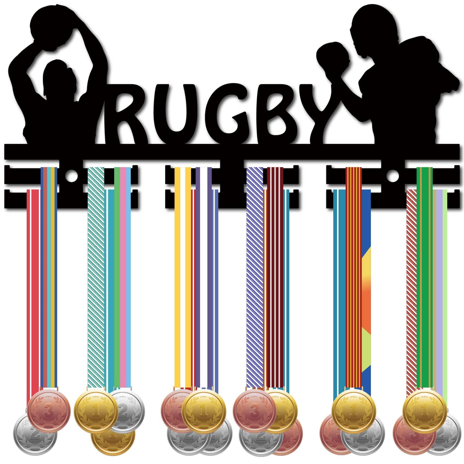 CREATCABIN Rugby Medal Holder Sports Medal Hanger Display Rack Acrylic Frame Wall Mount Decor Small Medal Hooks Organizer for Hanging 40+ Player Medals Awards Athlete Medalist 11.4 x 5.1Inch Black