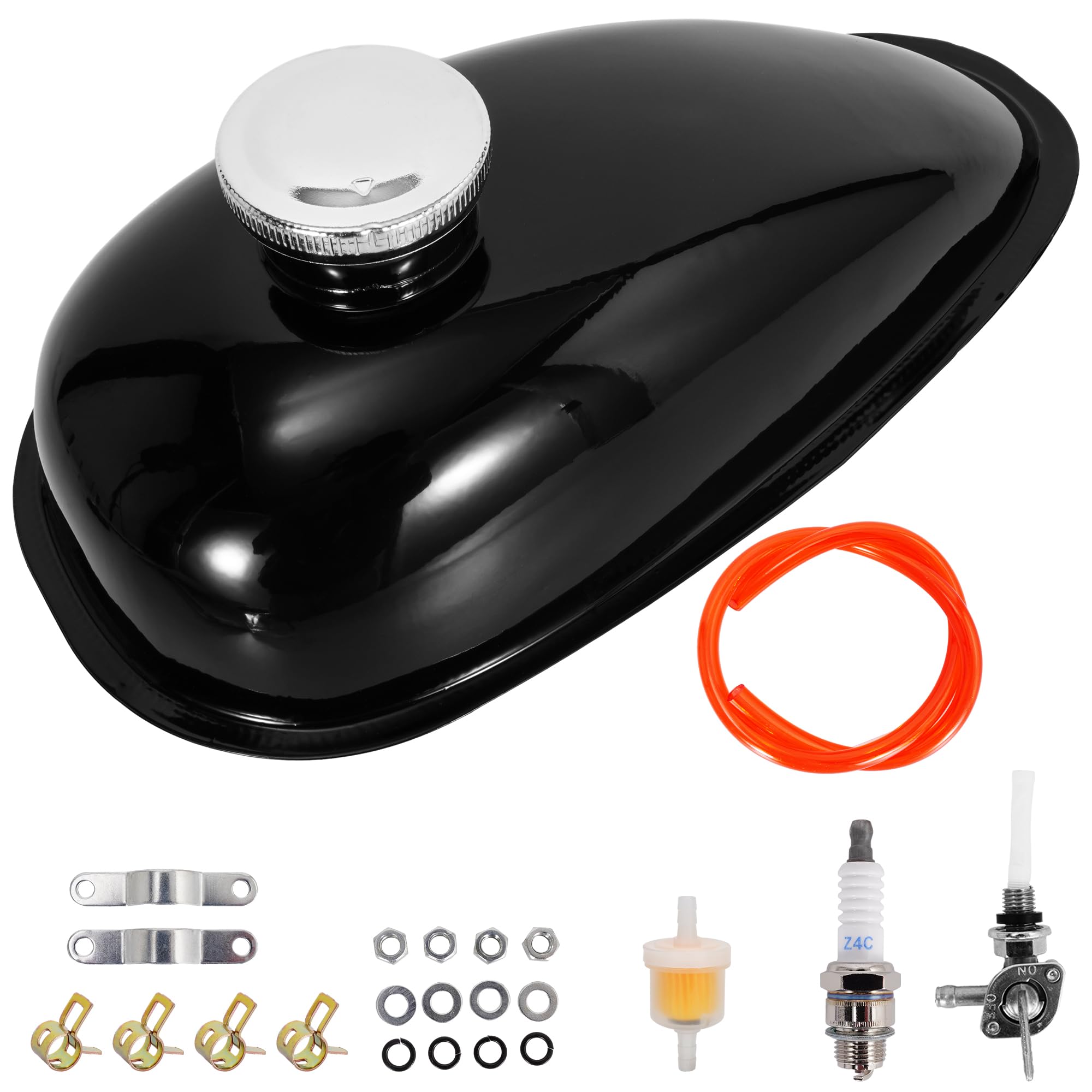 Photo 1 of RUTU Upgrade Metal Gas Tank for Mini Bike with Cap Spark Plug Petcock Fuel Line Filter for 2 stroke 49cc 50cc 60cc 66cc 80cc Engine Motorized Bicycle (2L/0.53Gallons)