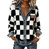 Women's Groovy Grey Long Sleeve Collar Buttons Front Top Casual V Neck Bussiness Denim Shirts 2026 Spring Winter Trendy