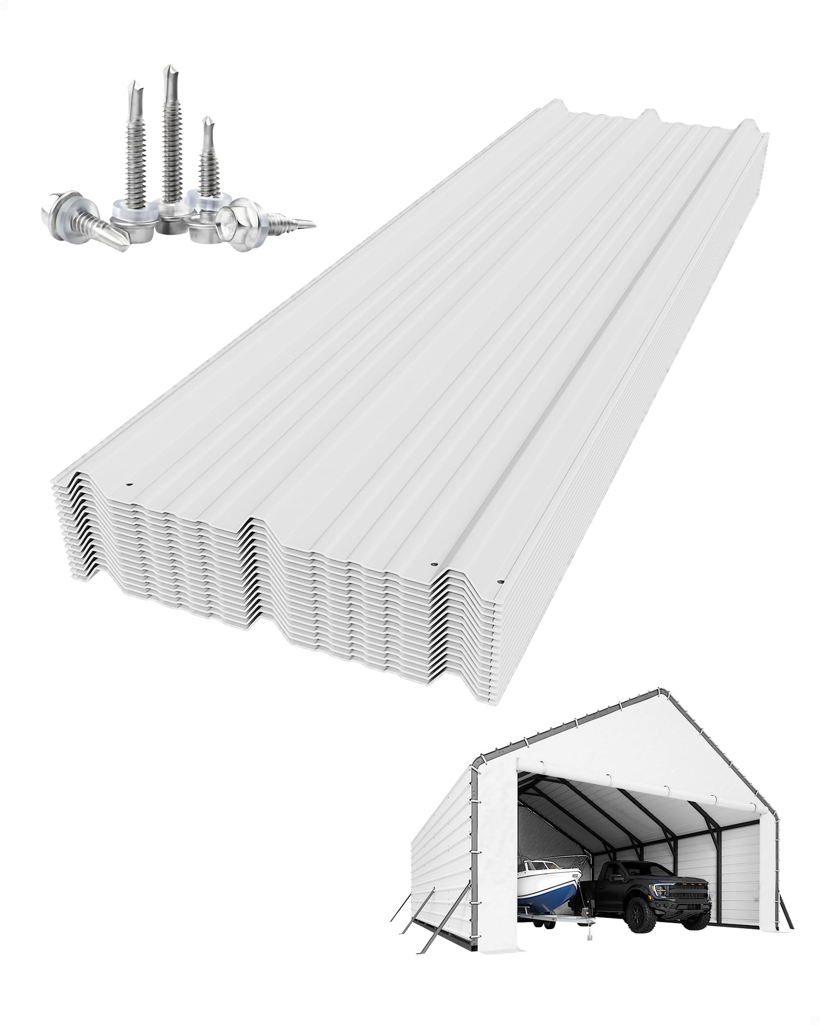 Photo 1 of **The description is for reference only.** Roofing Panels for Metal Carport 20x25 ft, 20x20 ft, Heavy Duty Metal Carport Kits, 27 Ga. Galvanized Steel Ribbed Panels, 60.23 in x 19.68 in, 22Pcs, White