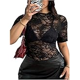 RoseSeek Women's Plus Size See Through lace Tops Short Sleeve Mock Neck Tight t Shirt Going Out Top