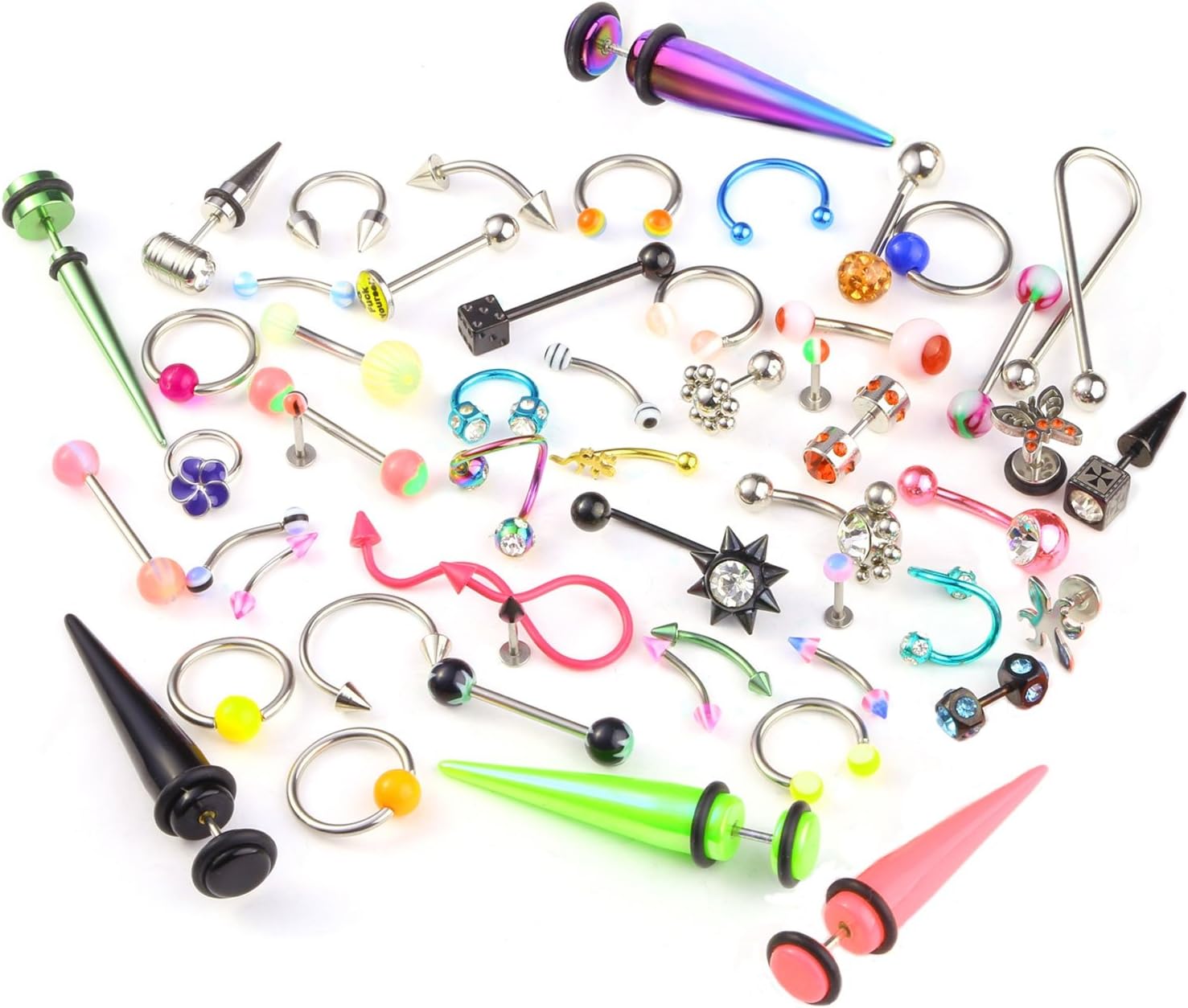 5-50PC Piercing Kit Mix of Body Piercing Jewelry 14G, 16G, 18G Belly Tongue Rings Barbells Pack