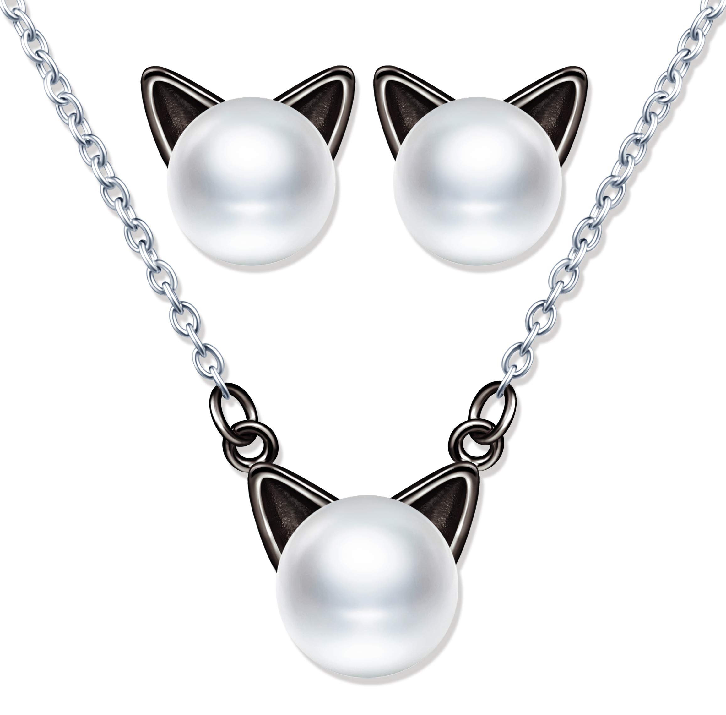 Yumilok Cute Cat Jewelry Sets, 925 Sterling Silver Stud Earrings Necklace Pearl Jewellery Sets for Women Girls
