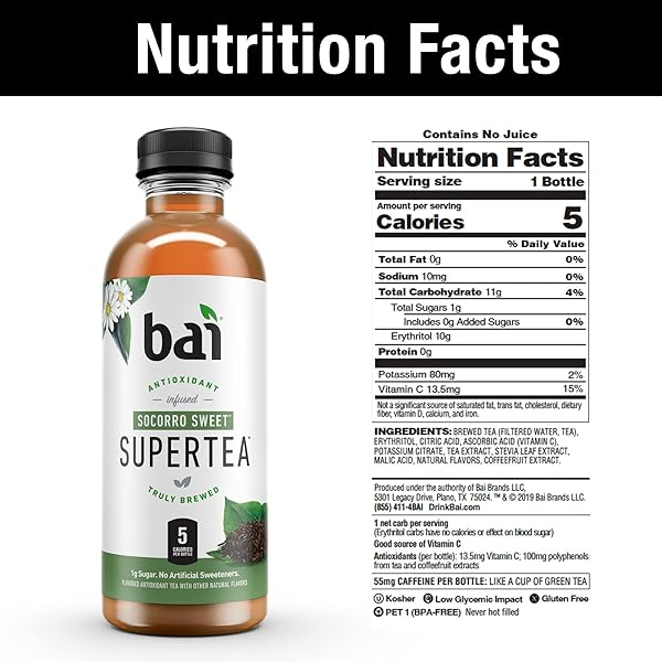 BAI ICED TEA, SOCORRO SWEET, ANTIOXIDANT INFUSED SUPERTEA, CRAFTED WITH REAL TEA (BLACK TEA, WHITE TEA), 18 FLUID OUNCE BOTTLES, 12 COUNT (PACK OF 1)