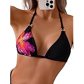 Verdusa Women's Floral Halter Bikini Top String Triangle Bra Summer Swimsuit Tops Beachwear