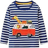 Toddler Boys Excavator Shirt Kids Long Sleeve Top Cute Tee Embroidery Rainbow Aniaml Bulldozer Cotton 2T-7T