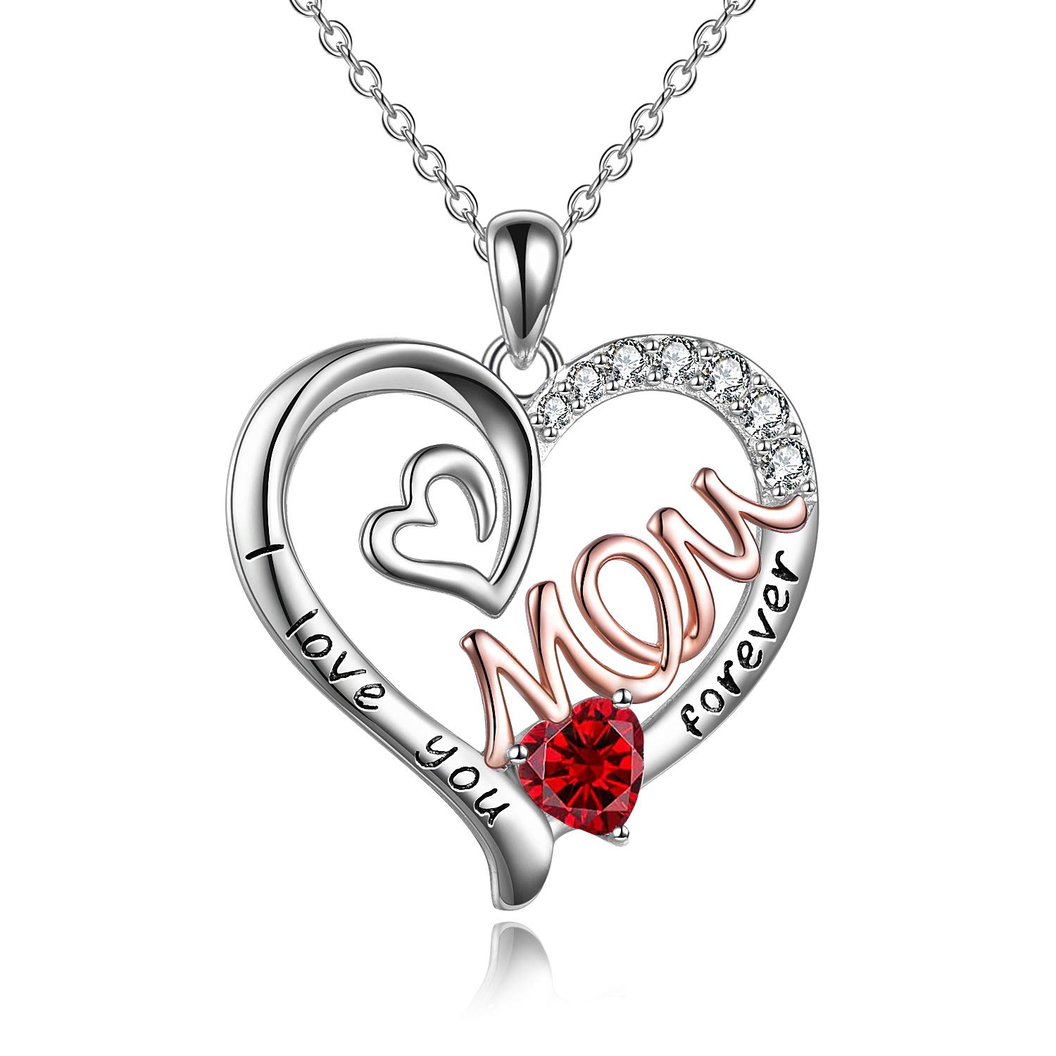 WINNICACA Mom Necklace S925 Sterling Silver Heart CZ Red Stone Love Mum Pendant January Birthstone Jewellery for Women Mother Gifts — image 1