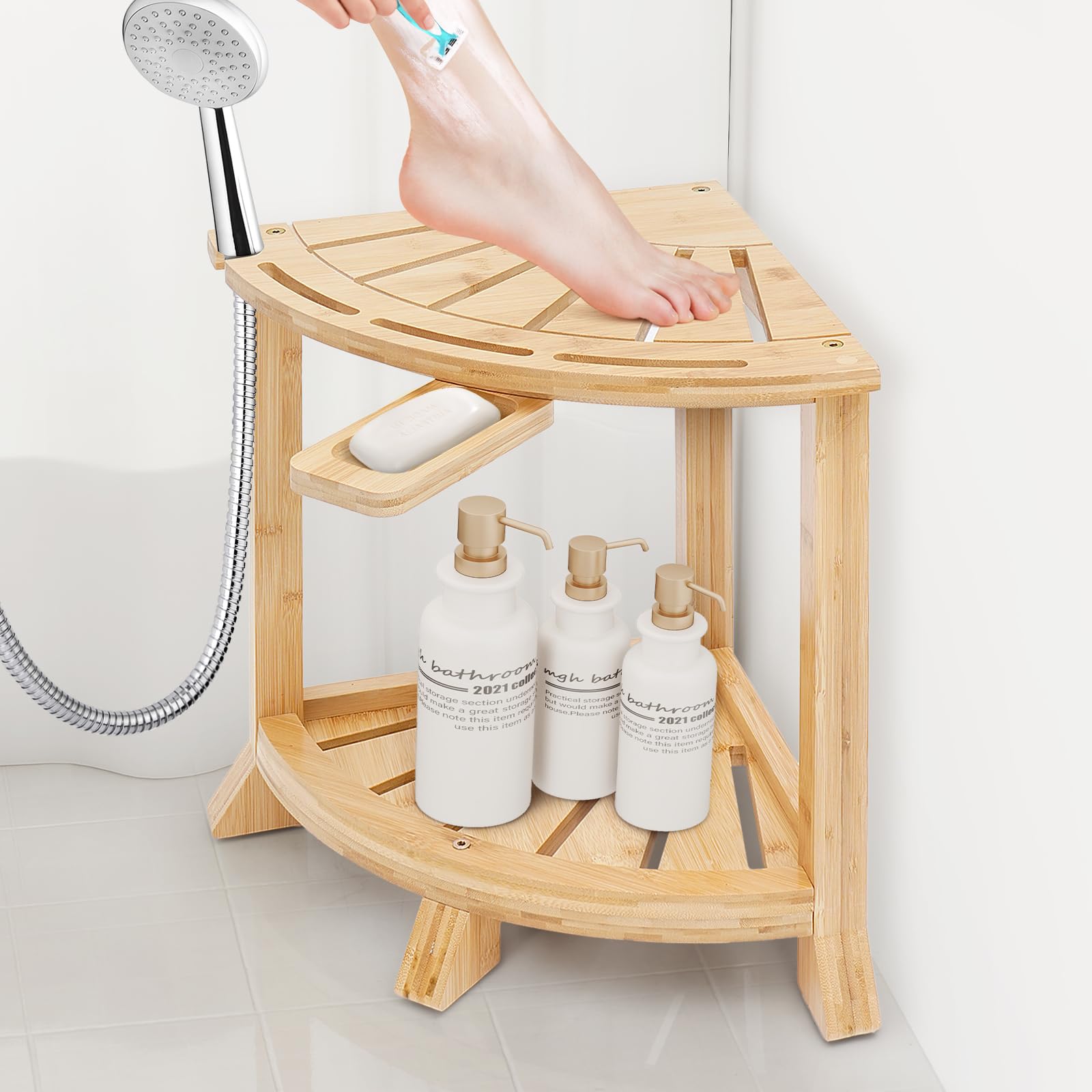 Photo 1 of Bamboo Shower Bench with Storage Shelf, 2-in-1 Corner Stool & Foot Rest, Non-Slip Waterproof Bathroom Seat for Elderly, Shaving, 18 Inch