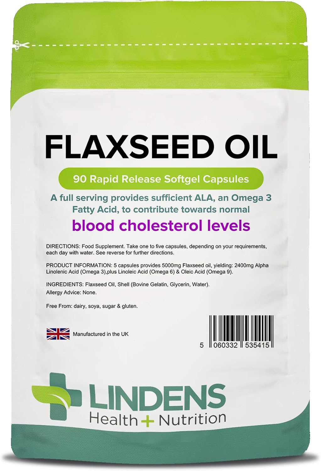 Lindens, Flaxseed Oil 1000mg, 90 Capsules, UK Made, Source of Omega 3 6 9, High in Alpha Linoleic Acid (ALA)