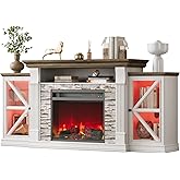 QUW Electric Fireplace TV Stand, 70" Farmhouse Entertainment Center with Open Shelf and Glass Barn Door Cabniet, Modern TV Console Table with 7 Flame Colors for Living Room, Antique White