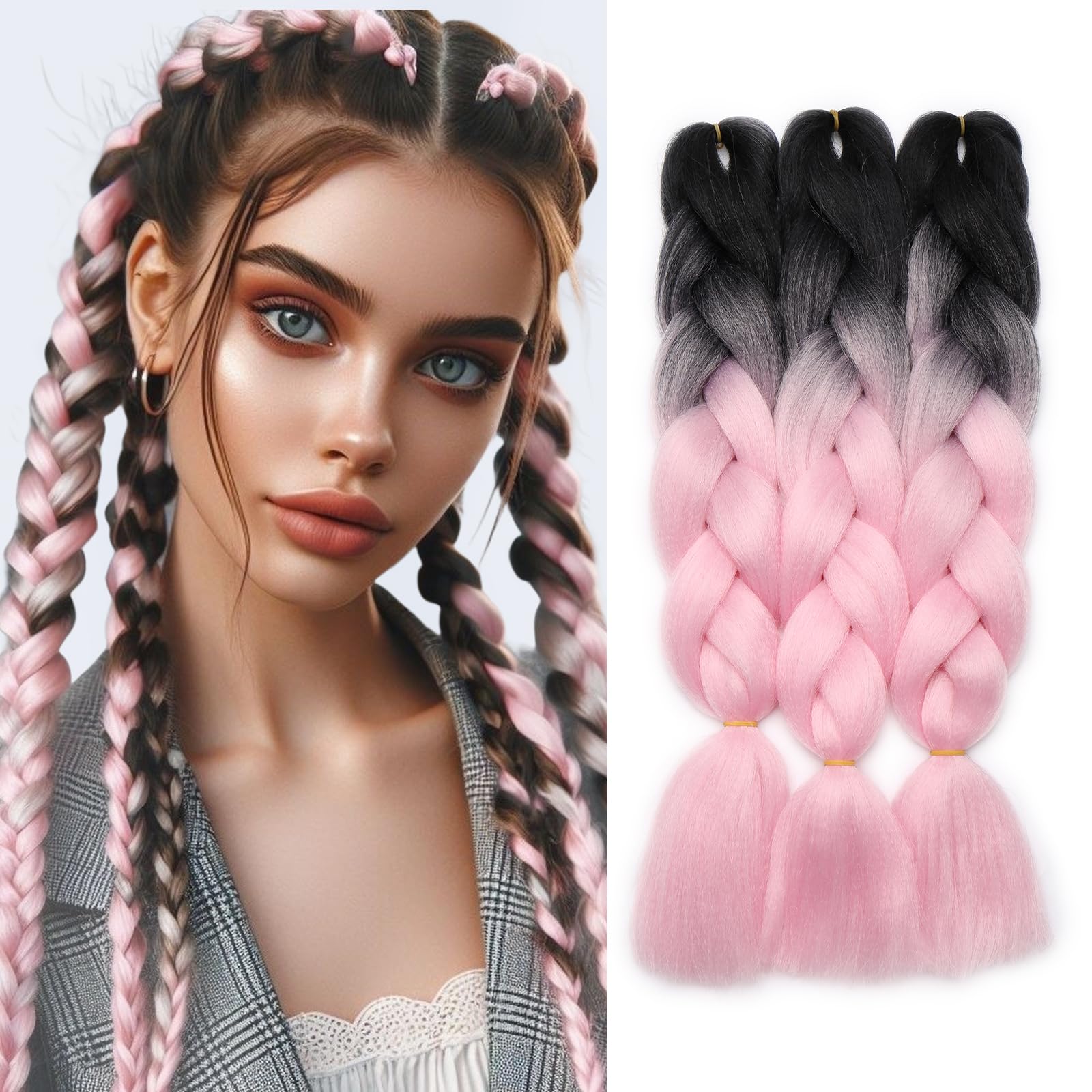 Silk-co Ombre Pink Braiding Hair Synthetic Braids Hair Extensions Afro Jumbo Braid 3 Bundles/Pack [300g, Black-Pink]