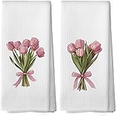 Mcehtle Pink Bows Tulips Bouquet Kitchen Towels Set of 2, Coquette Pink Tulip Girly Aesthetic Hand Towel for Kitchen Bathroom, Spring Floral Botanical Decorative Tea Dish Towels 16x24 Inch