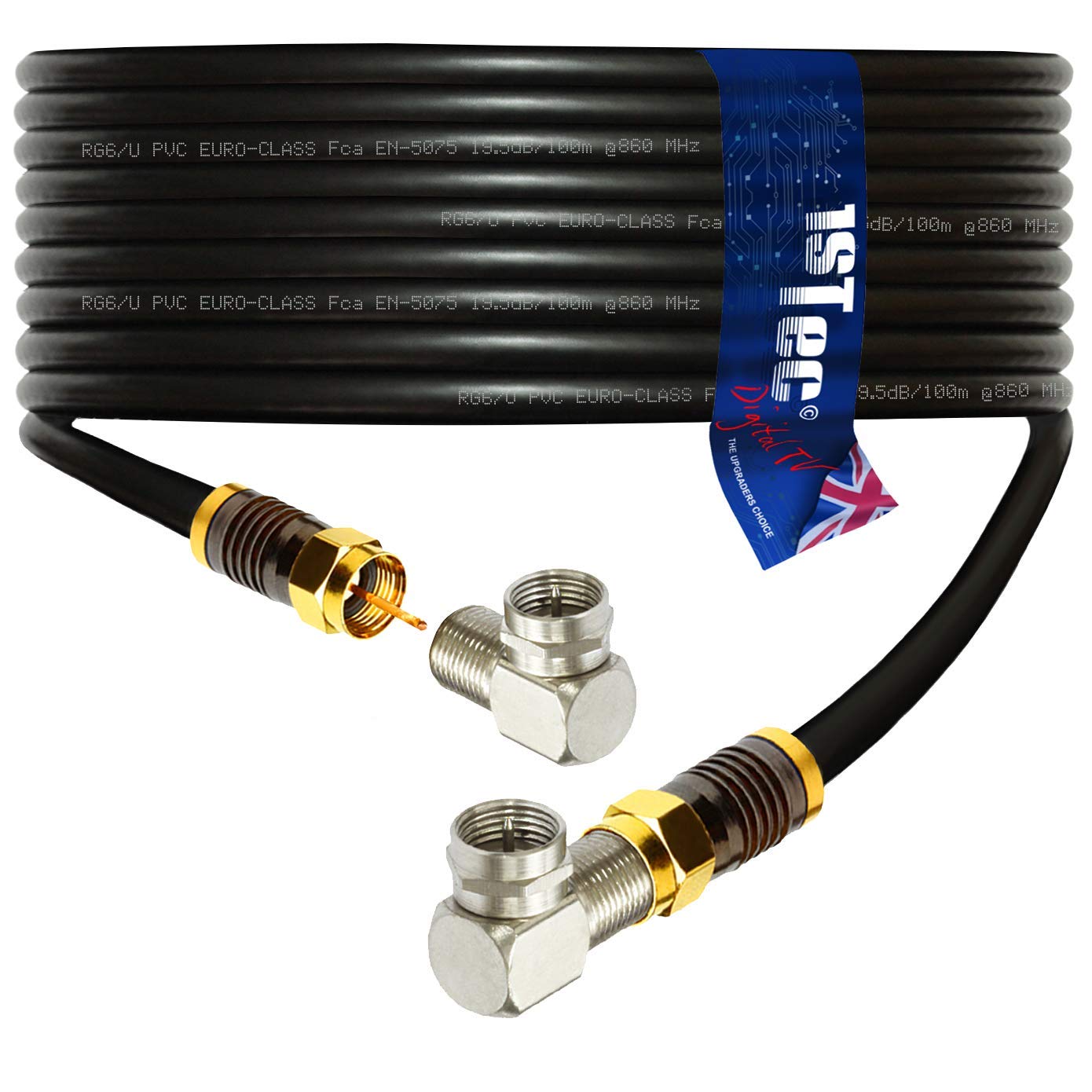 1STec 10m Male Right Angled Virgin Media Extension Cable Lead Gold Plated F-connectors for Digital TV V6 TiVo Set Top Box or Vivid Fibre Super Hub Broadband Modems (10 Metre Black)