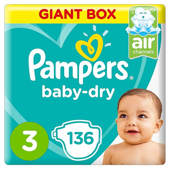 Pampers BabyDry Diapers, Size 3, Midi, 59kg, Giant Box, 136 Count