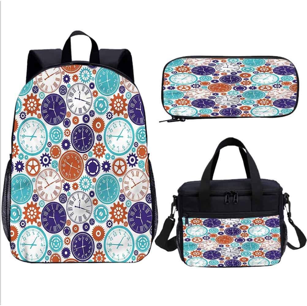 Clock Teens Backpack Set,Clock with Roman Digits Bookbags 3 in 1 for Teen