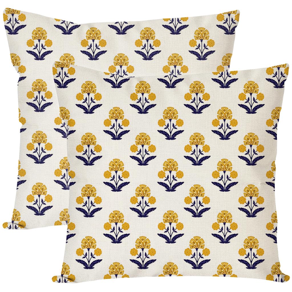 Photo 1 of PANDICORN Block Print Throw Pillow Covers 18x18 Inch Set of 2 Yellow and Blue Vintage Boho Floral Outdoor Summer Decorations Decorative Throw Pillows Cases Covers for Home Living Room Couch Decor