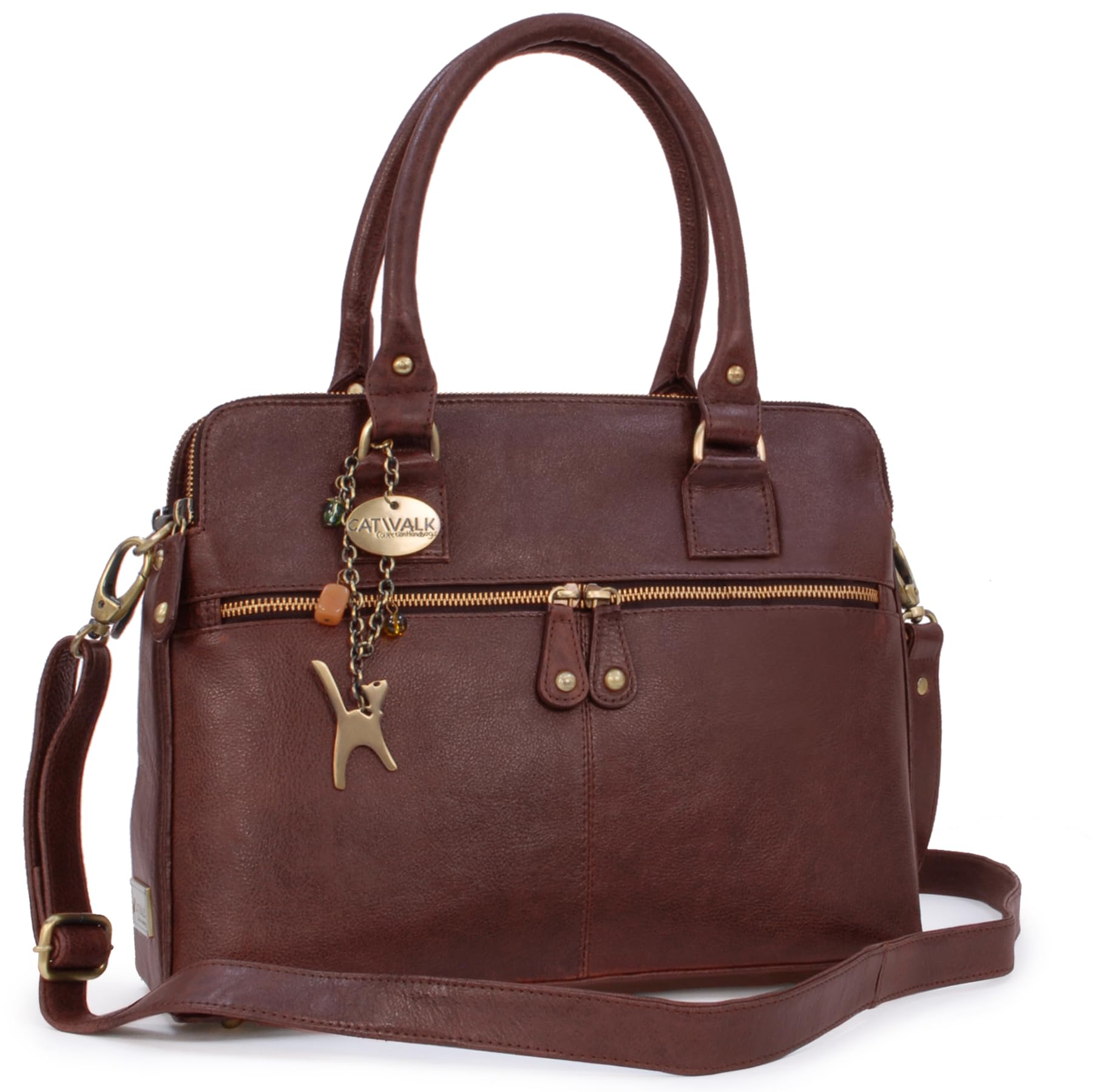 Catwalk Collection Handbags - Women's Large Leather Shoulder Bag - Tote With Multiple Compartments - Additional Crossbody Strap - Victoria - Brown