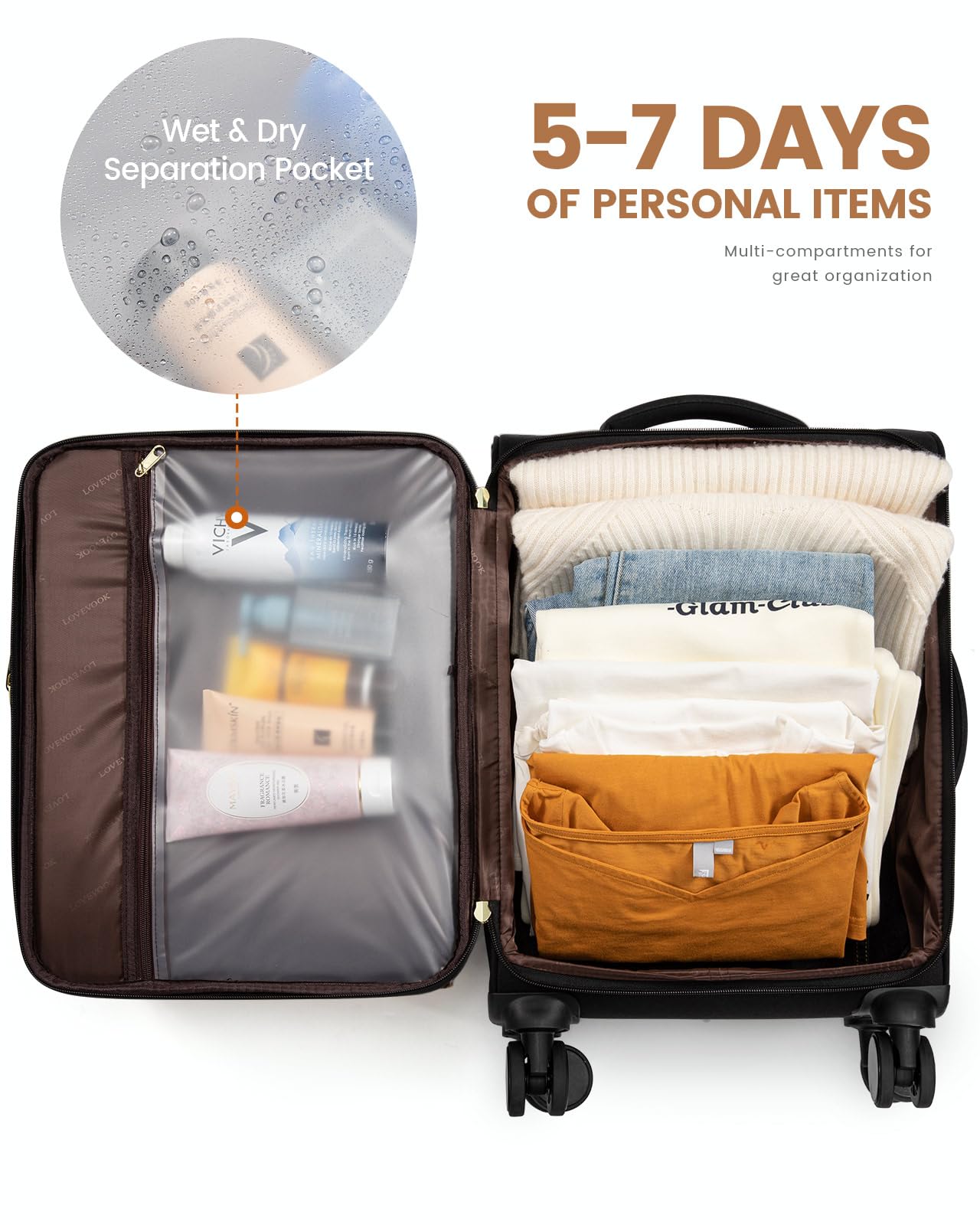 LOVEVOOK Carry on Luggage for Women and Men, Softside Suitcases with Daul Wheels