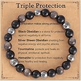 AULSIEY Triple Empath Protection Bracelet for Women Men, Hematite Black Tourmaline Obsidian Bracelet, Natural Healing Bracelet