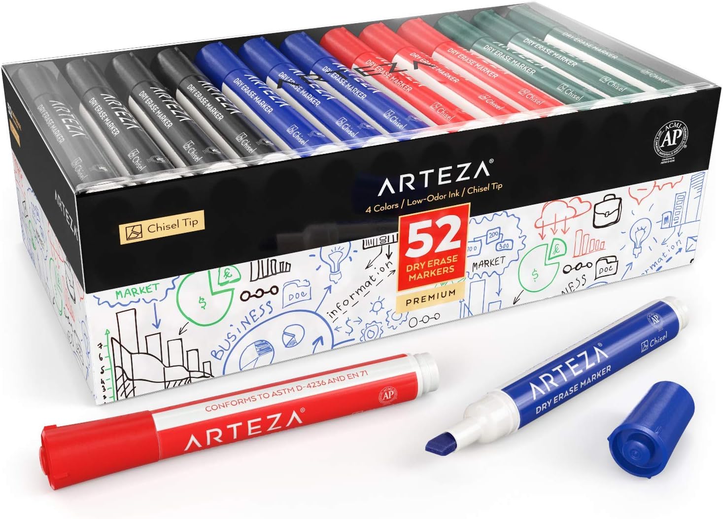ARTEZA Dry Erase Markers, Bulk Pack of 52 (with Chisel Tip), 4 Assorted Colors with Low-Odor Ink, Whiteboard Pens is Perfect for School, Office, or Home : Office Products