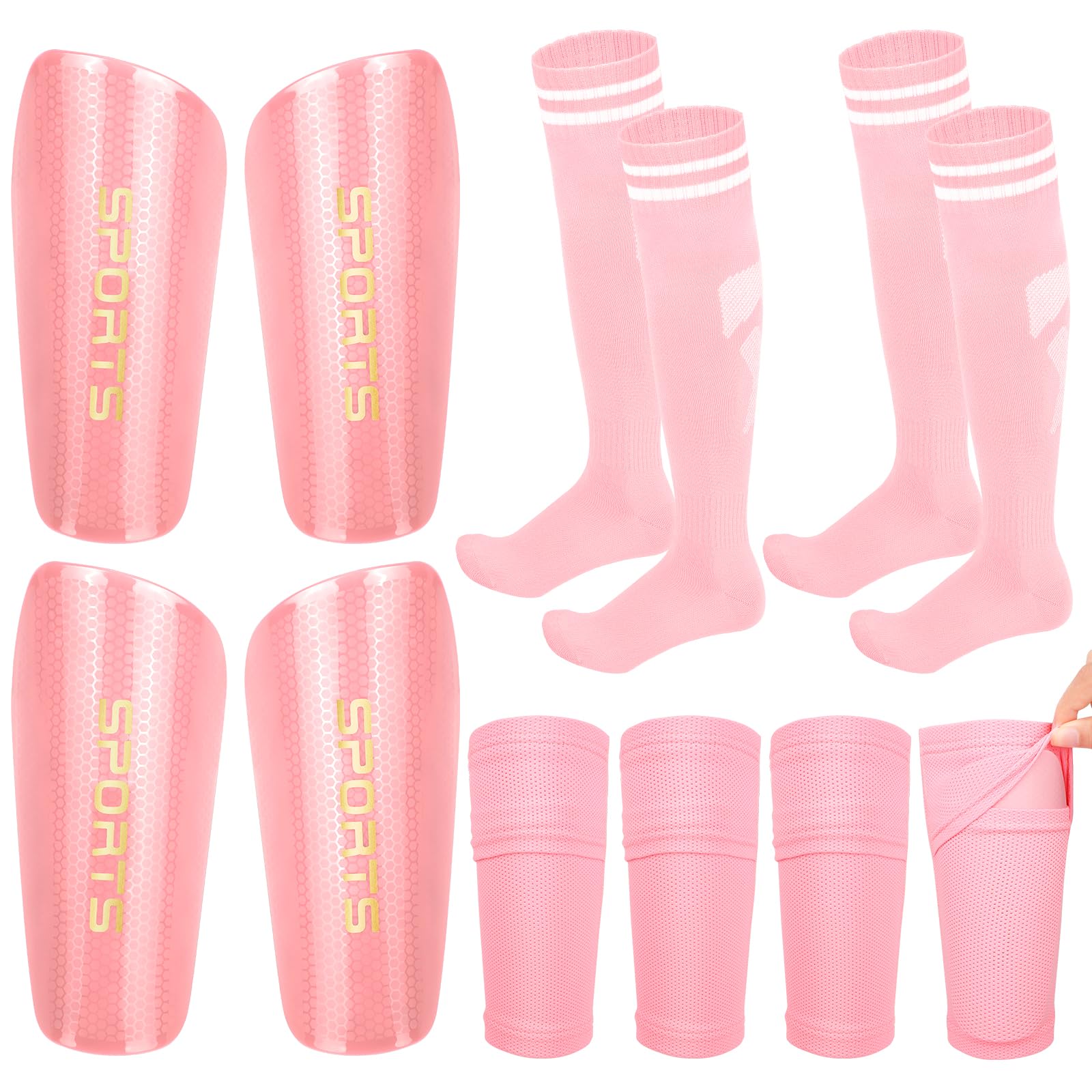 Photo 1 of WYTAOHZL 2 Pairs Soccer Shin Guards for Kids with Shin Sleeves and Long Socks for Soccer Games Reduce Shocks and Injuries(Pink,L)