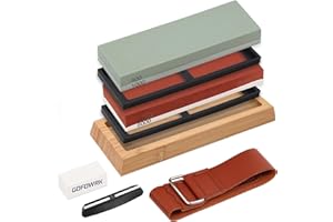 Knife Sharpening Stone Set, 4 Side Grit 400/1000, 3000/8000 Whetstone, Wet Stone Sharpener Stone Kit Include Leather Strop, F